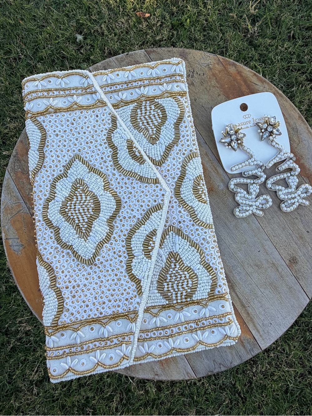 MRS Statement Earrings + White Gold Beaded Clutch